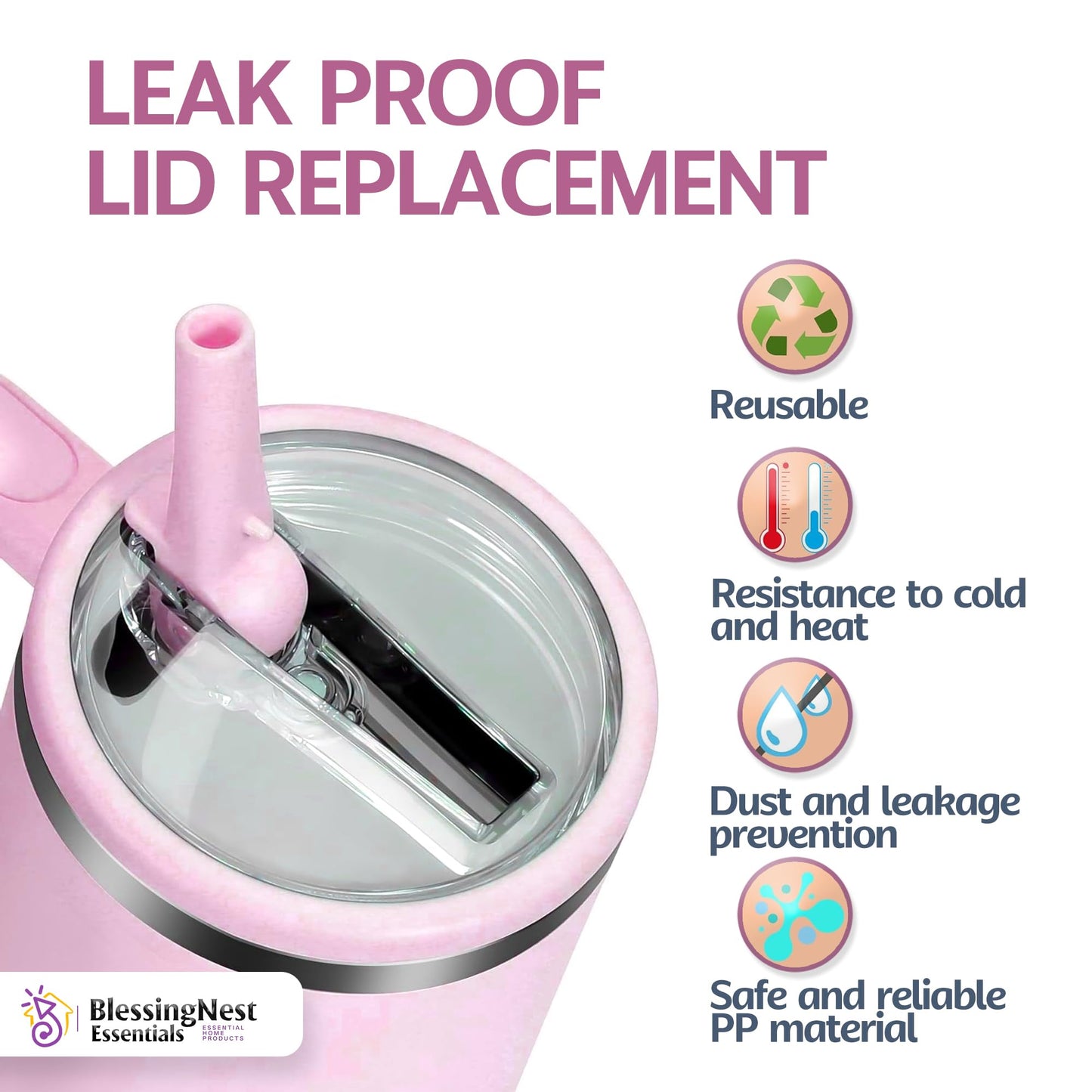 2 Pack β 40 oz Stanley Tumbler Lid Replacement β Leak-Proof, Spill-Proof, BPA-Free, Dishwasher Safe β Compatible with Stanley Quencher H2.0 & Similar Tumblers β Straw Opening Lid (Pink)
