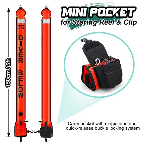 Surface Marker Buoy Scuba with Reel, 5ft High Visibility Diving Open Bottom Signal Tube Safety Sausage with Pouch Bag, 100ft ABS Dive Reel and Steel Double-Ended Bolt Snap (Hi-Vi Red)