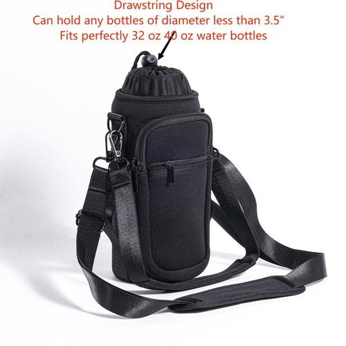 sunkey Water Bottle Carrier Holder Bag with Strap and Pouch Crossbody Water Bottle Sling Bag with Phone Pocket 32 oz for Walking Hiking (Black)