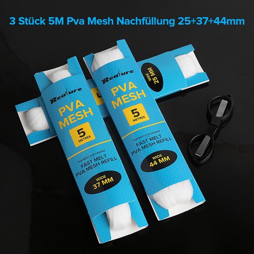 Realure 3 Pcs 5M Fishing PVA Mesh Refill 25/37/44mm Wide PVA Mesh Carp Fishing Accessories with Scissors, Fast Melt Water Soluble PVA Mesh Bag Fishing for Boilie, Bait, Precise Feeding (37mm)