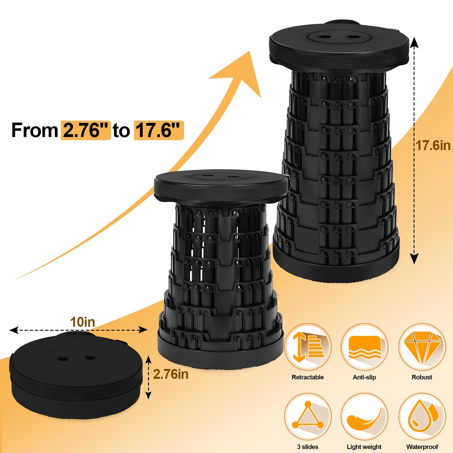 Fuairmee Collapsible Stool - Upgraded with 3 Slides Load Capacity 600lbs, Folding Camping Stool with 3-in-1 Carry Bag, Lightweight Sturdy Retractable Suitable for Camping Fishing Hiking BBQ (Black)