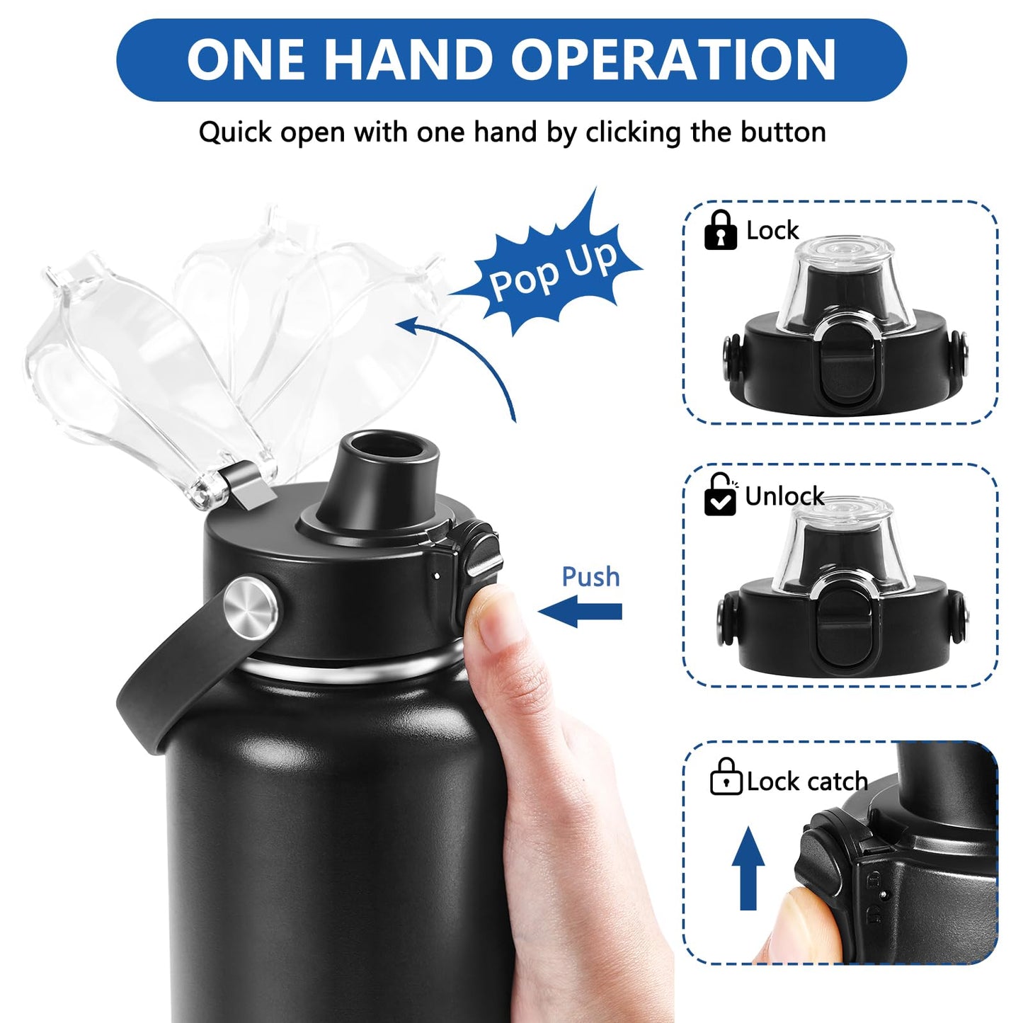 Auto Spout Lid for Hydro Flask Wide Mouth 12-64 oz Bottles, Flip Top Replacement Lid for HydroFlask Wide Mouth Bottles with Button Lock & Soft Handle