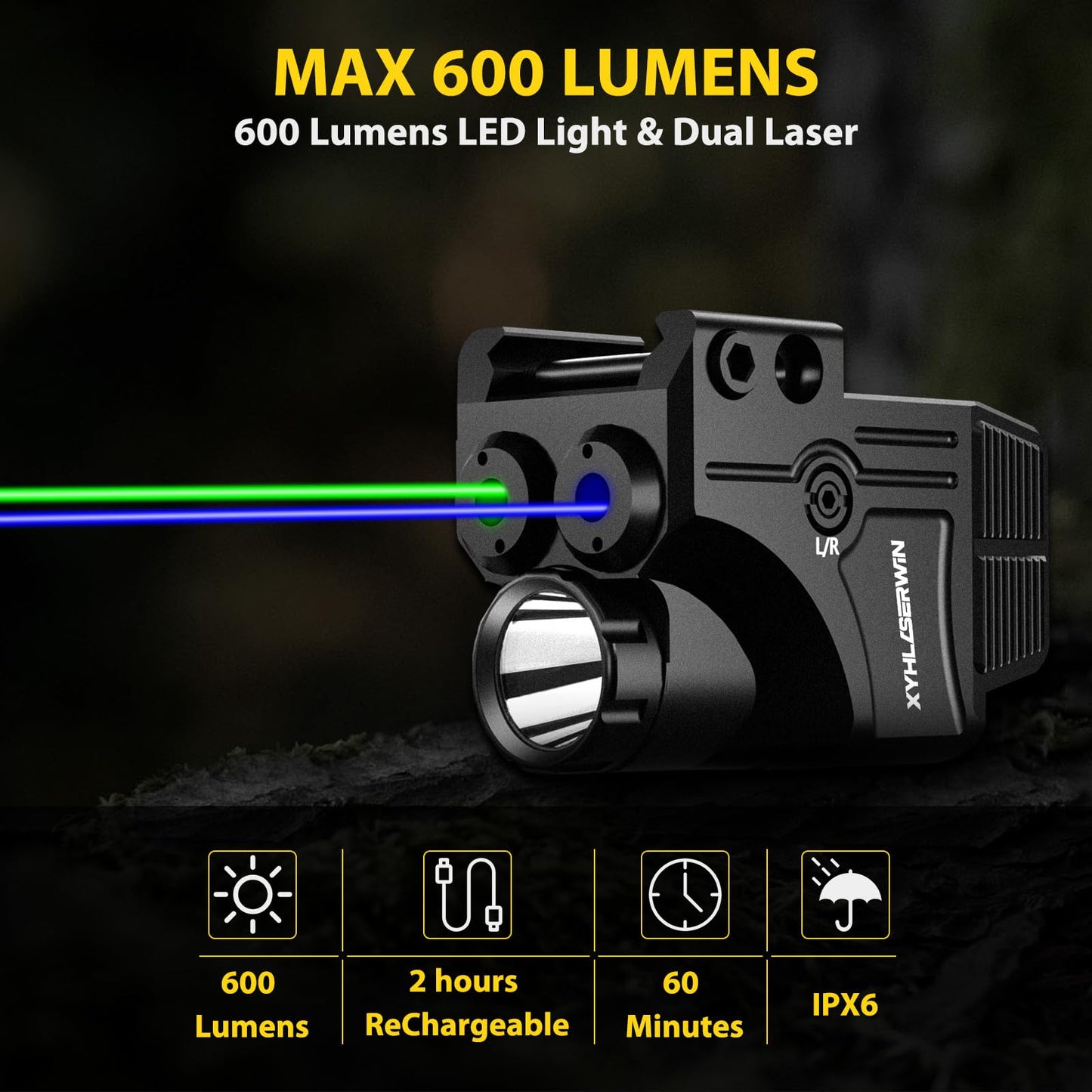 600/200 Lumens Adjustable Tactical Flashlight with Green/Blue Laser Sight Combo, Pistol Laser Light Combo with Strobe/Constant Light Modes, USBC Rechargeable, Fits Standard Picatinny & Glock Rails