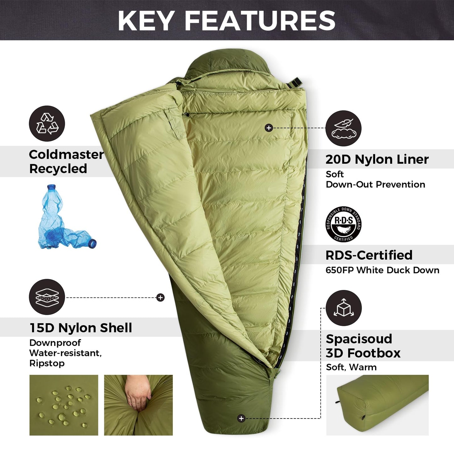 ATEPA Elements 450 Down Sleeping Bag for Adults, 700FP Recycled Mummy Cold Weather Ultralight 3 Season Compact Packable Sleeping Bag with 15D Nylon Shell for Backpacking Camping Hiking, 42.8℉ Green