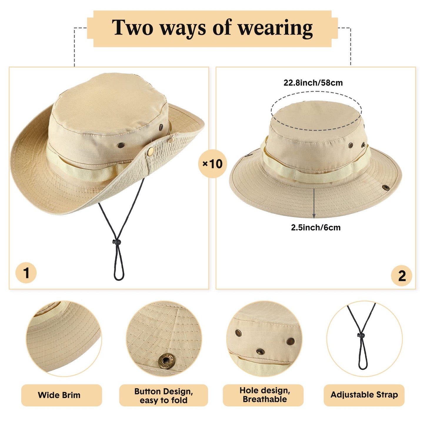 Xtinmee 10 Pieces Bucket Hat Bulk Wide Brim Boonie Hiking Fishing Safari Hat with Chin Strap for Women Men Adult Summer(Khaki)