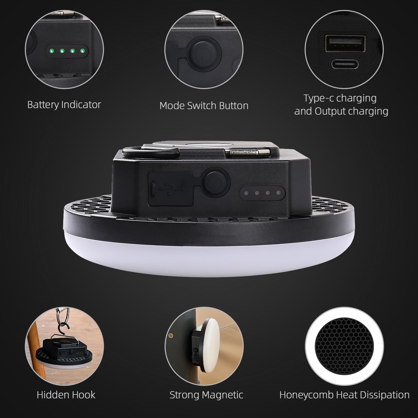 Amkulop Tent Light Hanging for Camping,Bright LED Rechargeable Portable Lantern for Vendor Booths,Waterproof Outdoor Lights with Battery Power, Camp Lamp Light with Magnet for Outdoor Glamping(Black)