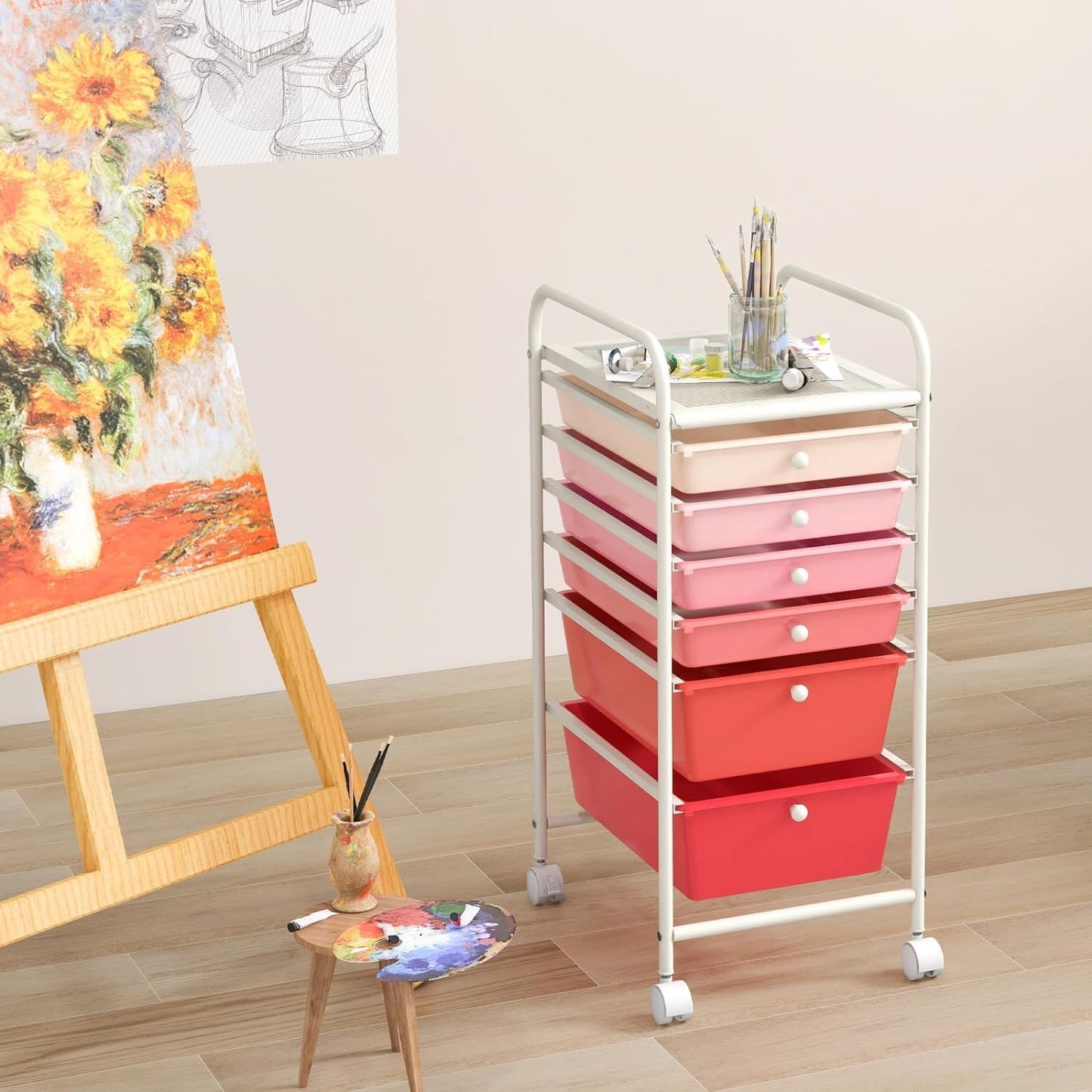 RELAX4LIFE 6-Drawer Rolling Storage Cart - Classroom Organization on Wheels w/Removable Plastic Drawers, Mobile Art Craft Cart for School Paper Home Office, Utility Cart with Drawers (Macaron)