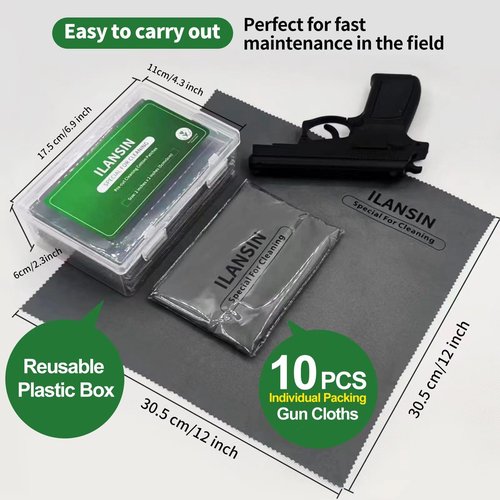 ILANSIN 10 Pack Technology Microfiber Black/Gray Gun Cleaning Cloth-Large Size-Lint Free-Reusable Cleaning pad for All Firearm-Each Pack is Individually Packaged in a Case-Gun Cleaning Supplies Storeā¦
