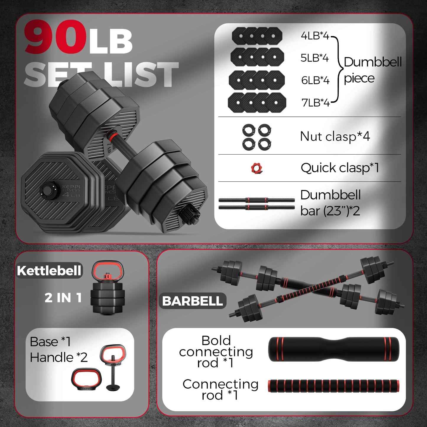 KeppiFitness Adjustable Dumbbell Set, 30/40/50/70/90 lb Weight Set with Connector Bar, 4 in 1 Workout Gear with Dumbbell, Kettlebell, Barbell, Push up Handle for Home Gym Fitness Exercise…