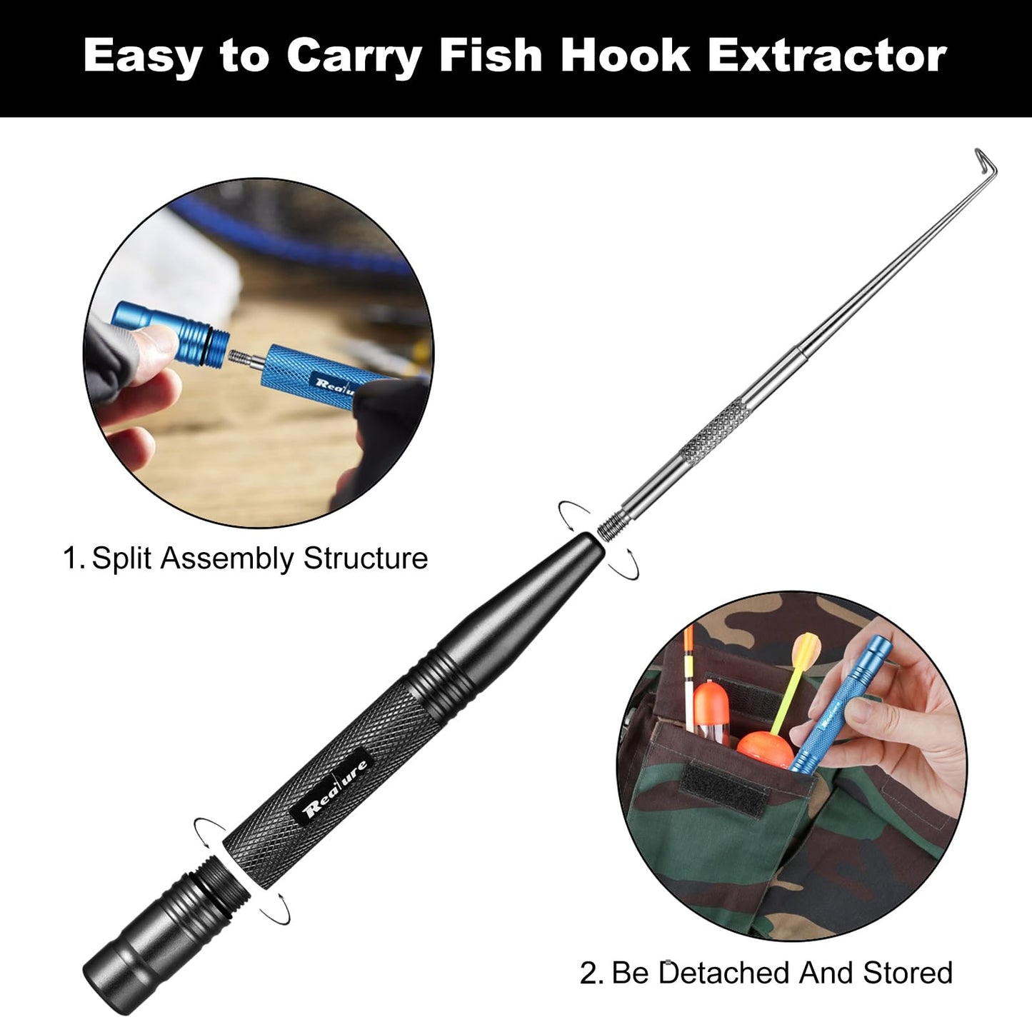 Realure Fishing Hook Quick Removal Device Descending 2 Sizes Fish Hook Remover Tool Kit Set for Saltwater Security Extractor, Fishhook Unhooking Stainless Steel Magnetic Release Accessories (Black)