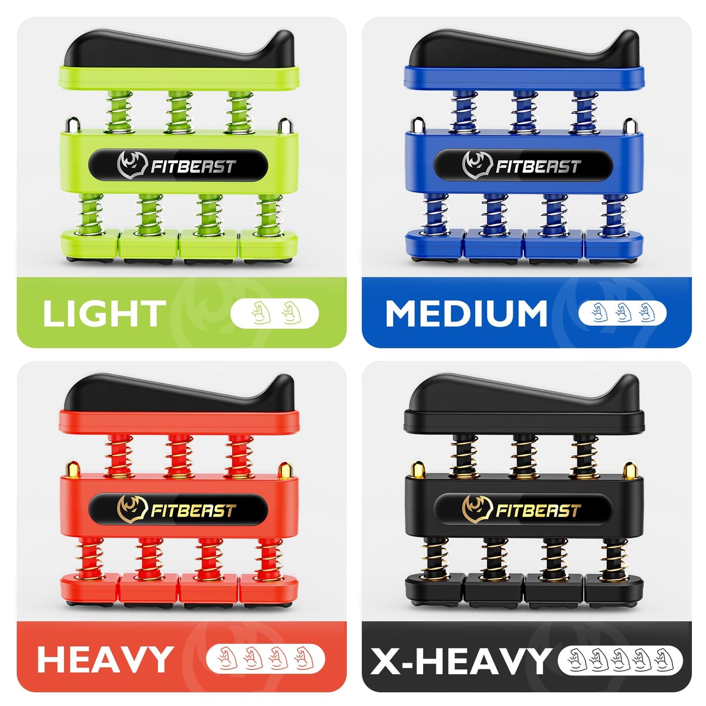 FitBeast Finger Strengthener, Finger Exerciser 4-Pack, Hand Exerciser for Improve Dexterity and Strength in Fingers, Hands, ForearmsโGrip Strength Trainer for Musicians, Climbers (4 Piece Set)