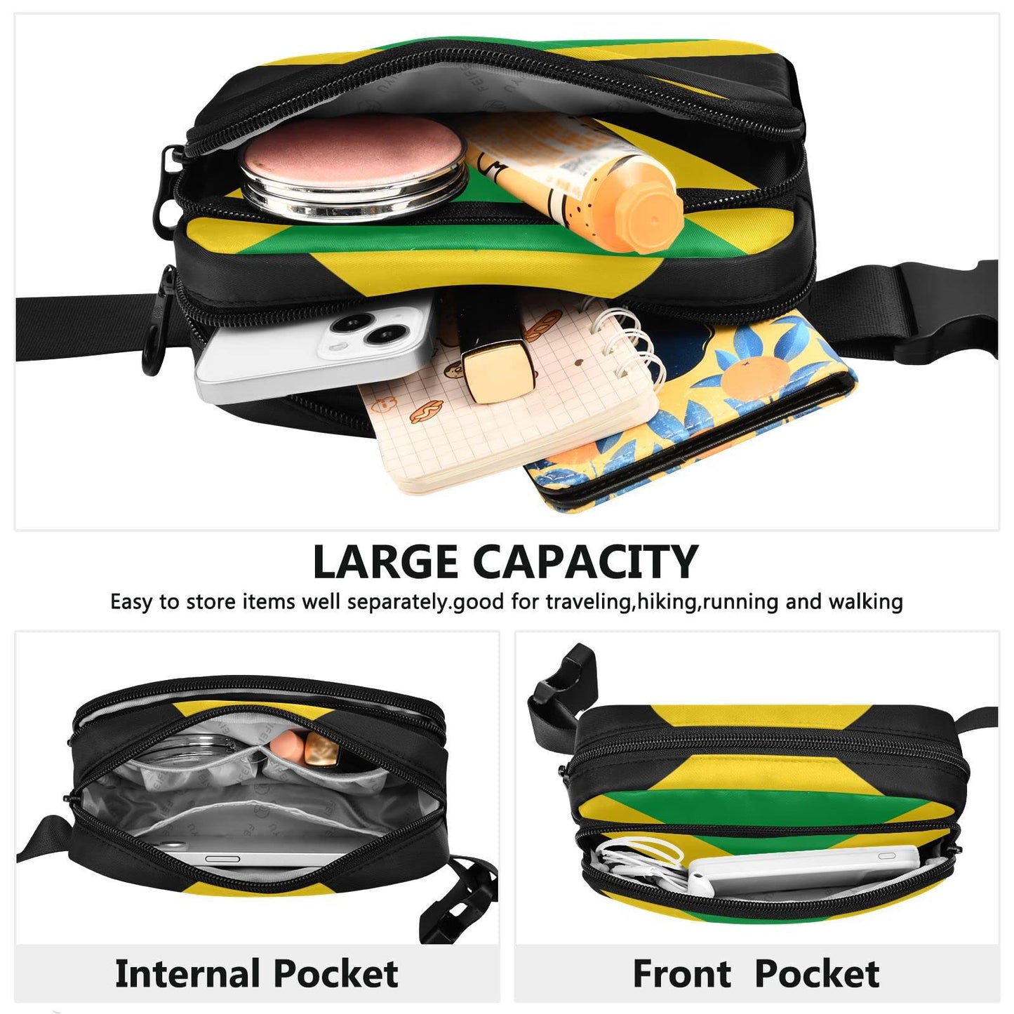 JHKKU Hiking Fanny Pack Jamaica National Flag Waist Pack Fashion Casual Hip Bum Bag with Adjustable Strap for Women & Men Hands Free Crossbody Bags for Outdoors, Hiking, Running, Travel