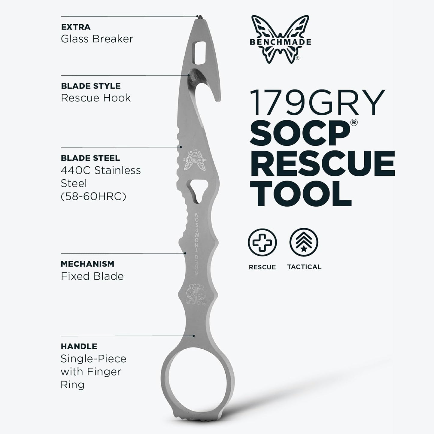 Benchmade - SOCP 179 Rescue Tool with Black Sheath, Hook, Oxygen Wrench, and Carbide Glass Breaker (179GRY)