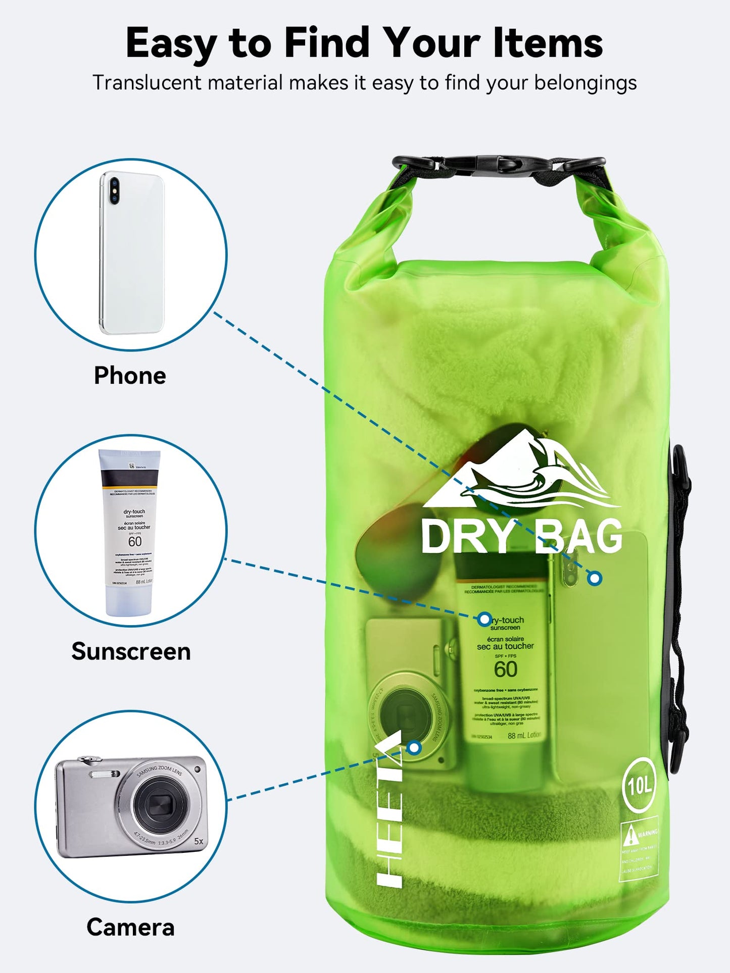 HEETA Dry Bag Waterproof for Women Men, Roll Top Lightweight Dry Storage Bag Backpack with Phone Case for Travel Swimming Boating Kayaking Paddle Board Camping Beach Accessories (Lemon Green, 5L)