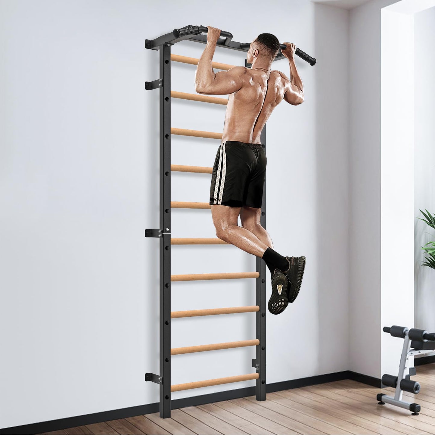 Kipika Gymnastic Stall Bar - 2"x2" Swedish Ladder with 1" Hole, Wall Mounted Pull-up Bar Ladder Suspension Trainer, Solid Wood Grips Gymnastics Training Bar for Home, Wall Gym, School