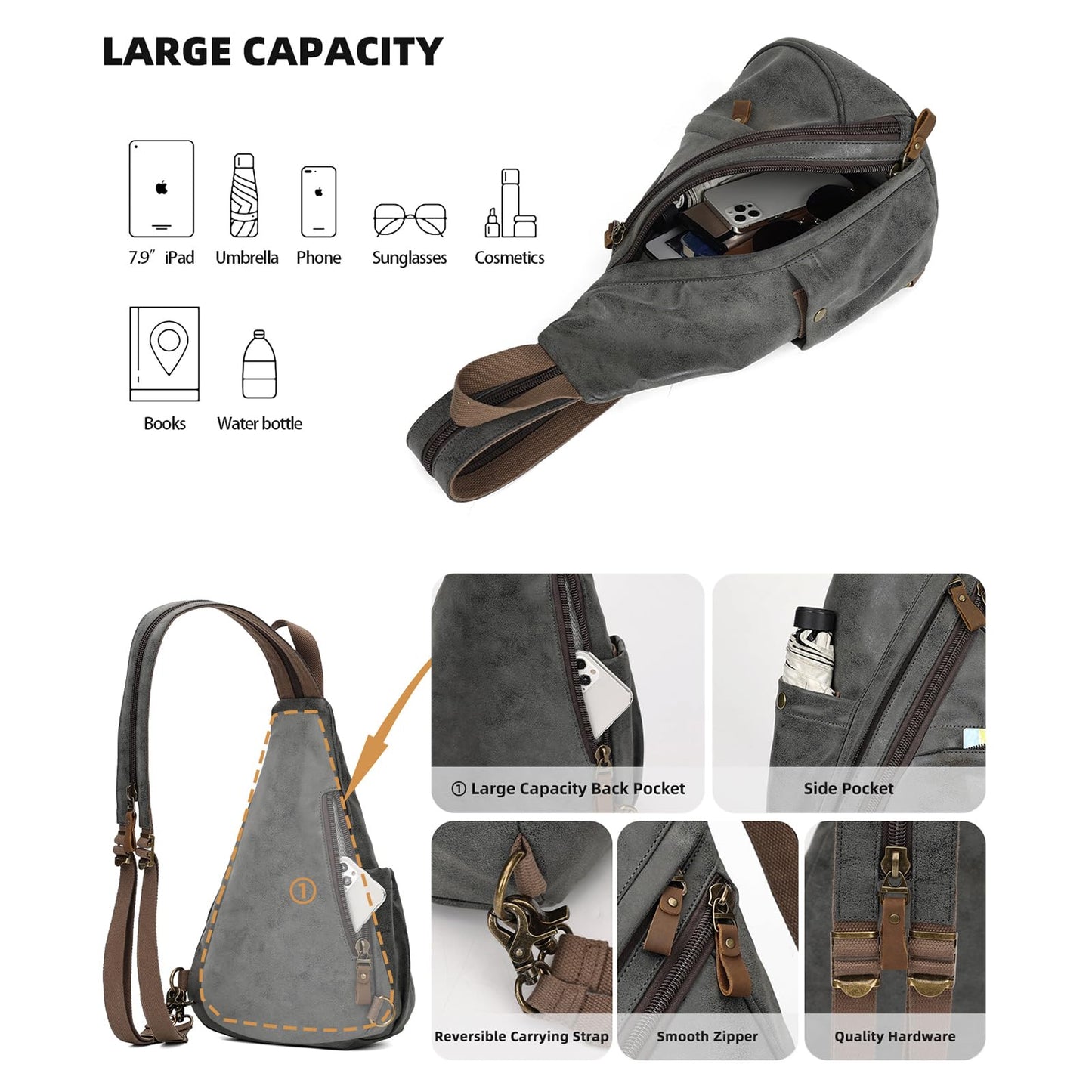KL928 PU Leather Sling Bag - Small Crossbody Backpack Shoulder Casual Daypack Rucksack for Men Women