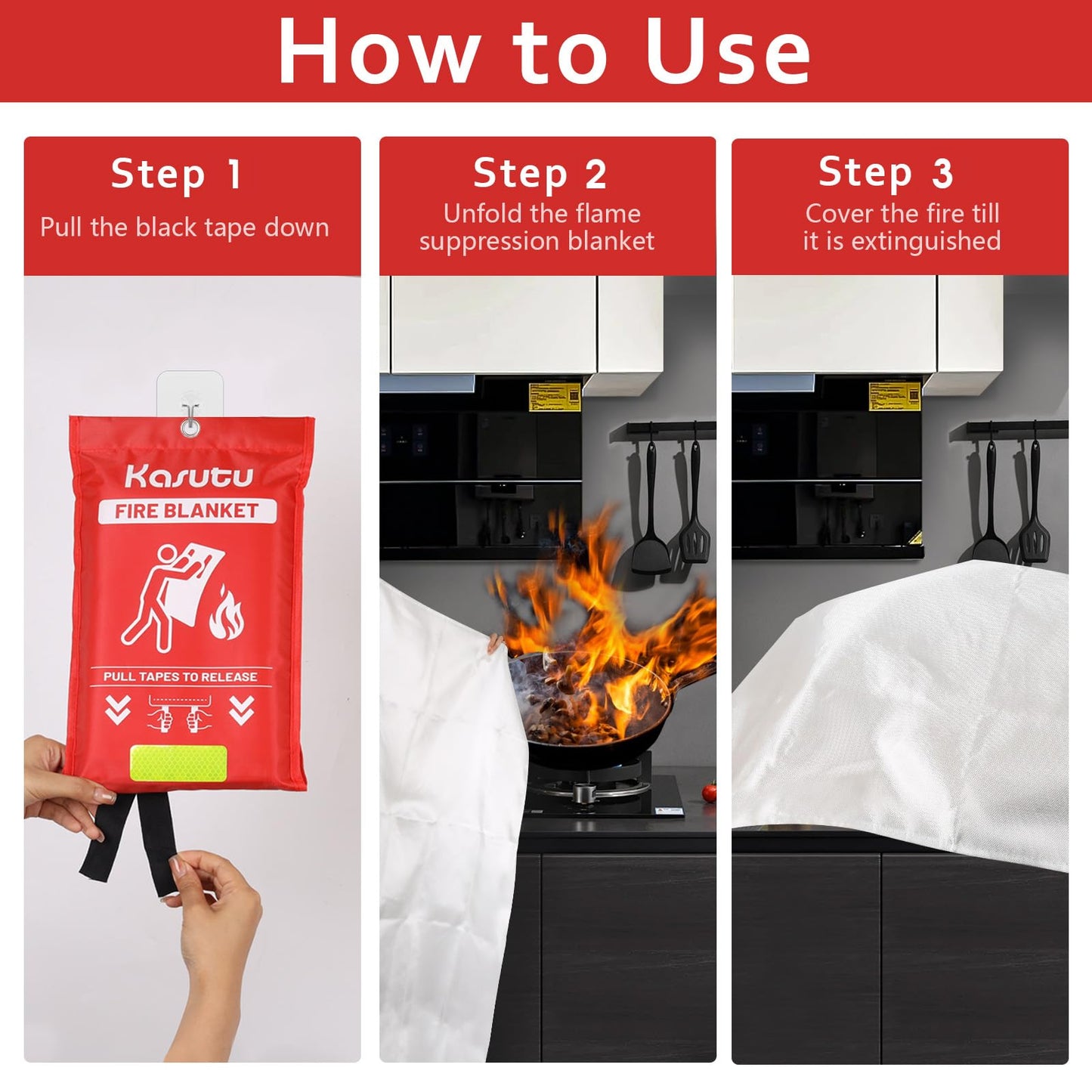 Kasutu 2 Pack Emergency Fire Blanket, 40"x40" Fiberglass Fire Suppression Blanket with 2 Hooks, Flame Prevention Supplies for Home Kitchen Office Car Camping Grill