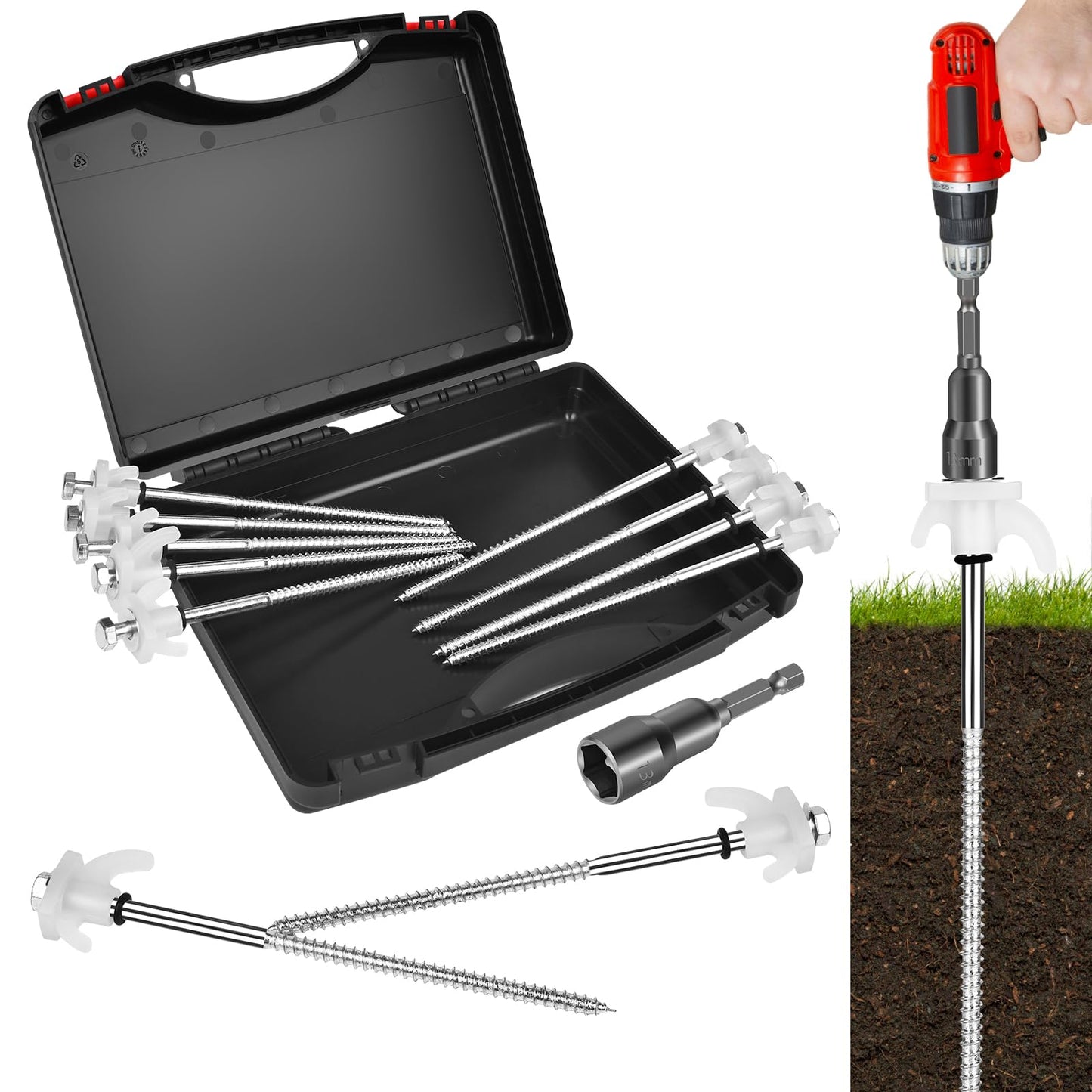 12 Pack Tent Stakes Heavy Duty 8 Inch Ground Anchor Screw Camping Stakes with Luminous Head Metal Threaded Tent Pegs, Includes Hex Head Driver and Storage Box