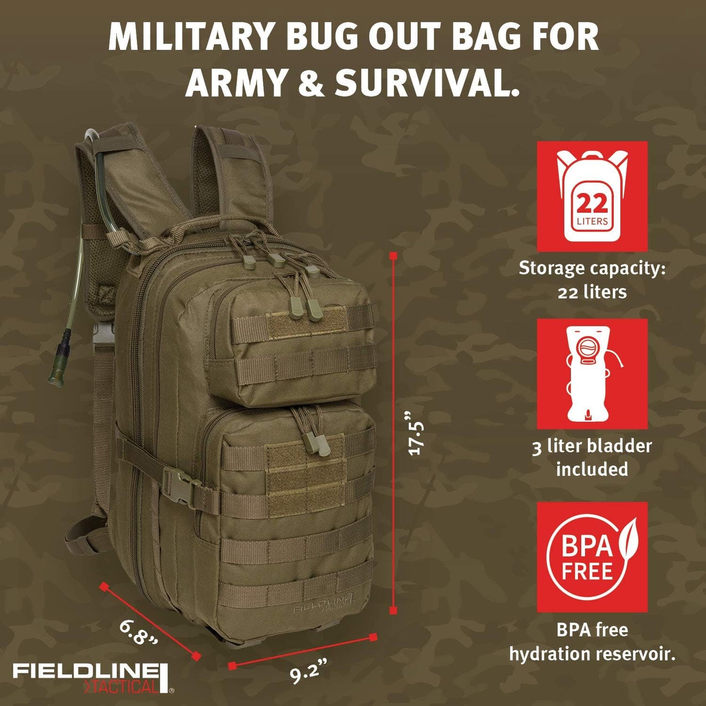 Surge Tactical Hydration Pack by Fieldline | Military Backpack with MOLLE System | Survival Bug Out Bag | 22L Storage Capacity + 3L Reservoir (Digital Sand)
