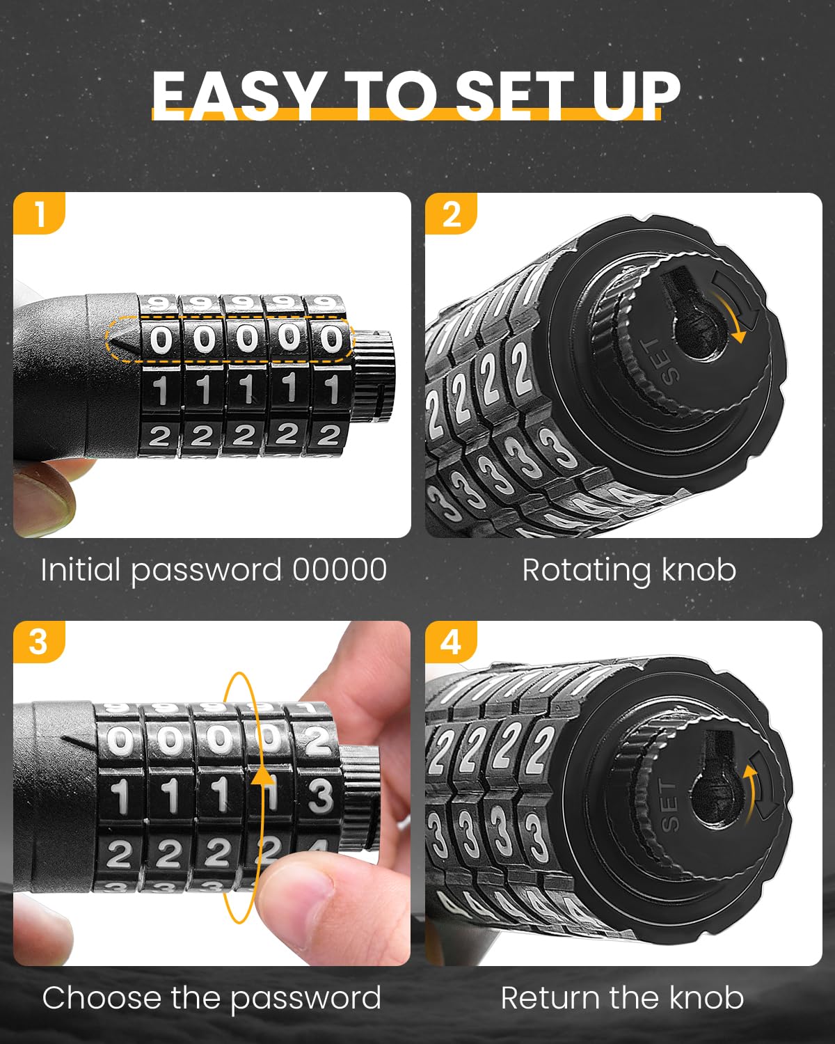 MULTIJOY Combination Lock, Black, Keyless, Resettable, 4 Feet Length, 1/2"Diameter, Waterproof Design
