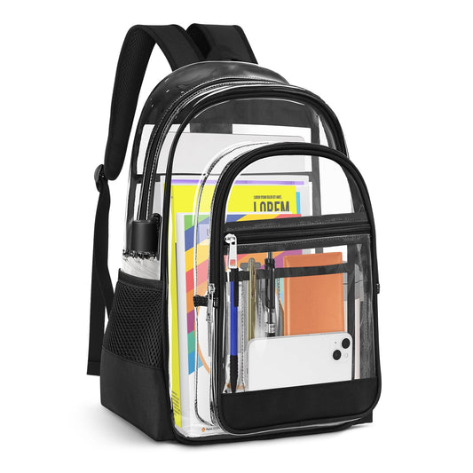 KIMNERPU Clear Backpack, Heavy Duty PVC Transparent Backpack with Reinforced Straps, See Through Multiple Pockets Large Capacity Bookbag for Concert Work Security Travel Festival (Black)