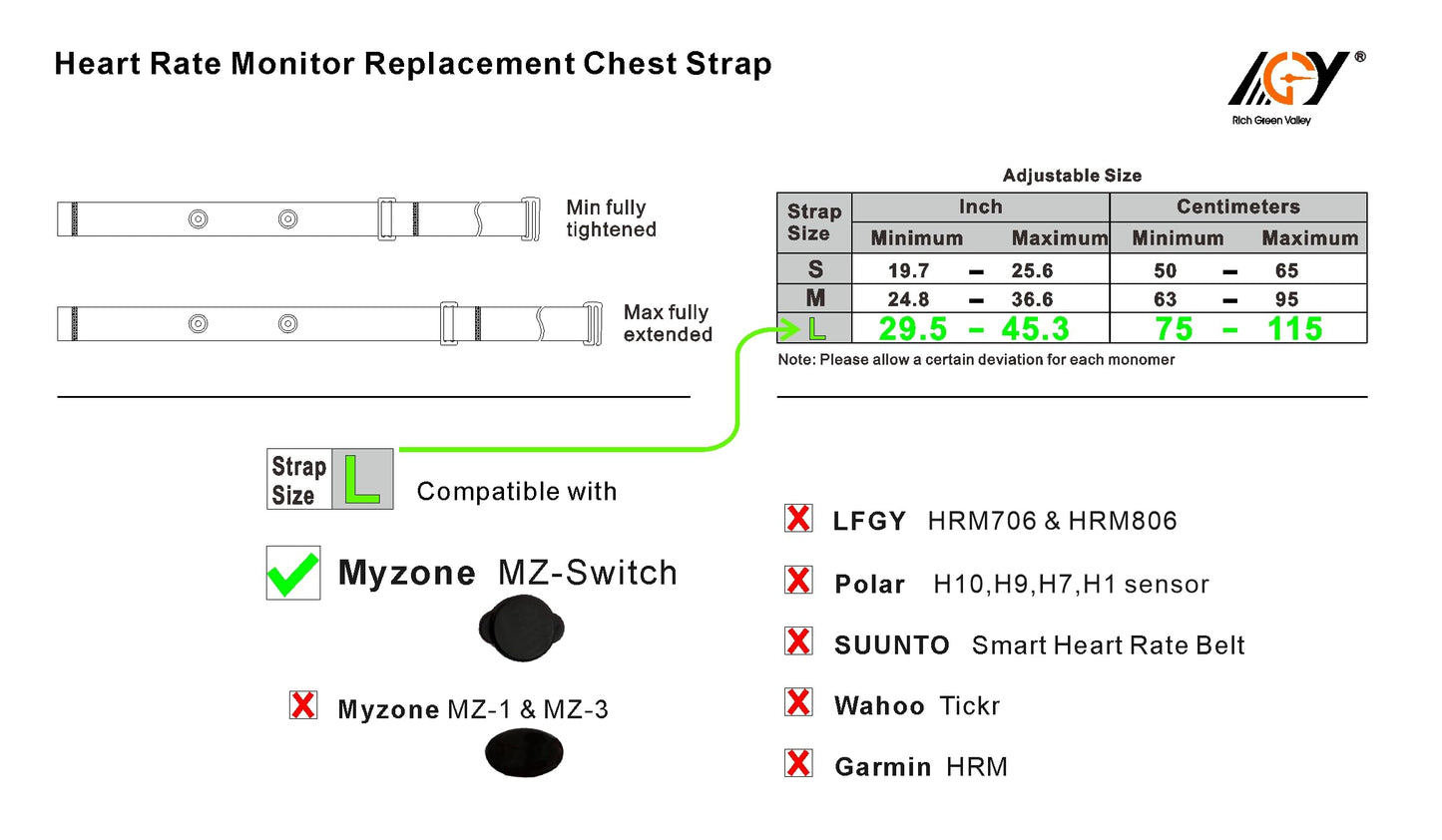 Rich Green Valley 2 Pack Heart Rate Monitor Replacement Strap, Adjustable Chest Band Compatible with Myzone MZ-Switch (Black & Red,Large)
