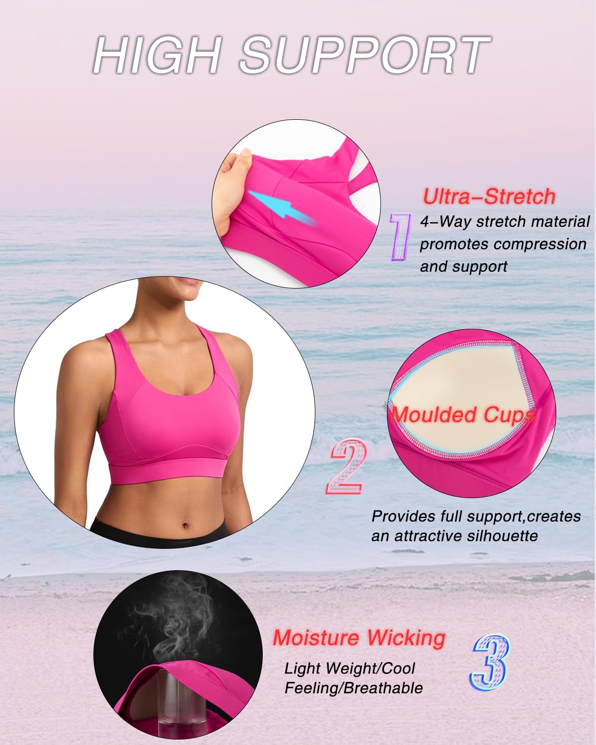 RUNNING GIRL Sports Bras for Women, Moulded Cup High Impact Workout Pink Sports Bra Racerback Yoga Bra High Support(WX3068 Hot Pink L)