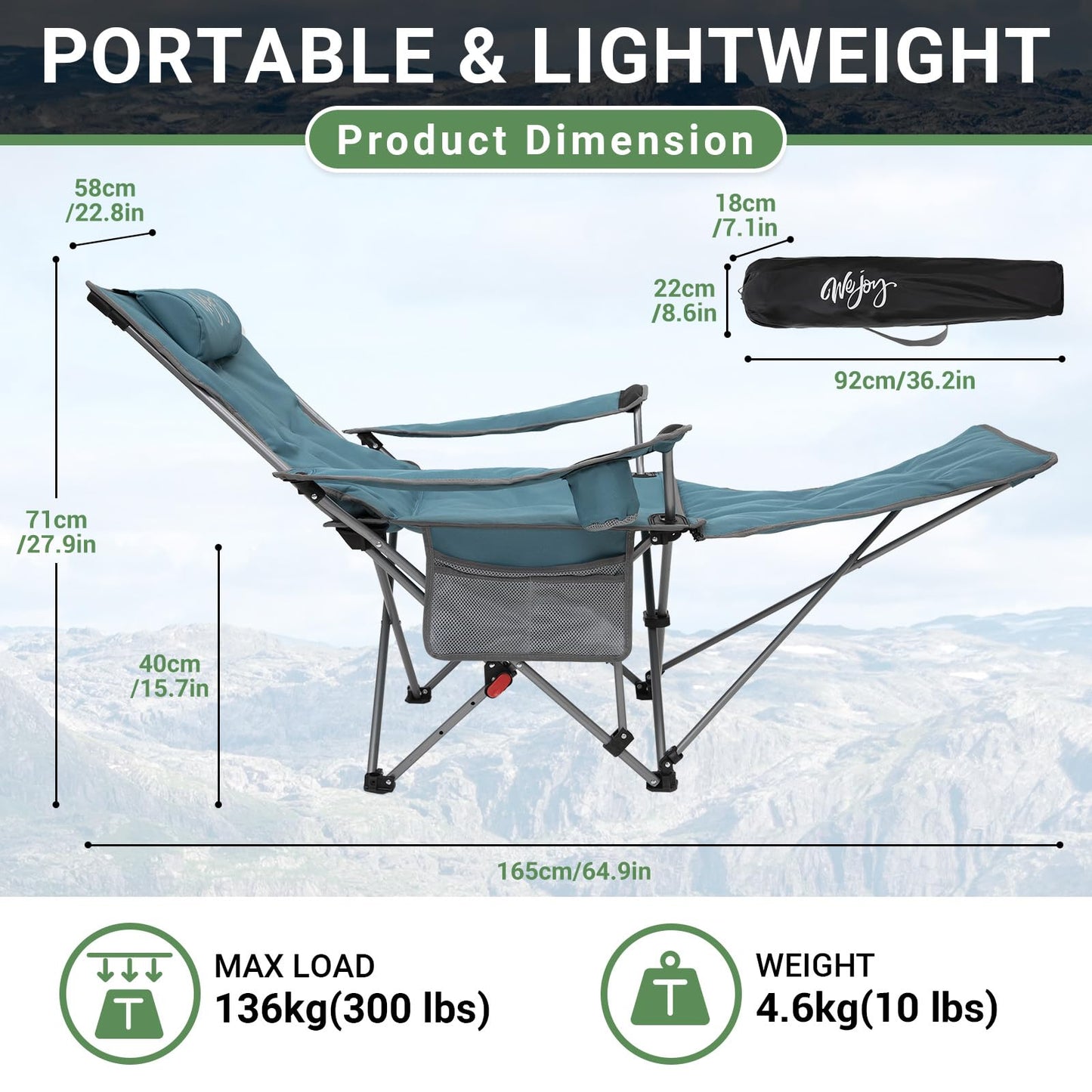 #WEJOY 2-in-1 Camping Chair Reclining, Lightweight Folding Camping Chair with Adjustable Backrest & Footrest, Camping Lounge Chair with Headrest, Cup Holder, Storage Bag, for Beach, Lawn, Concert