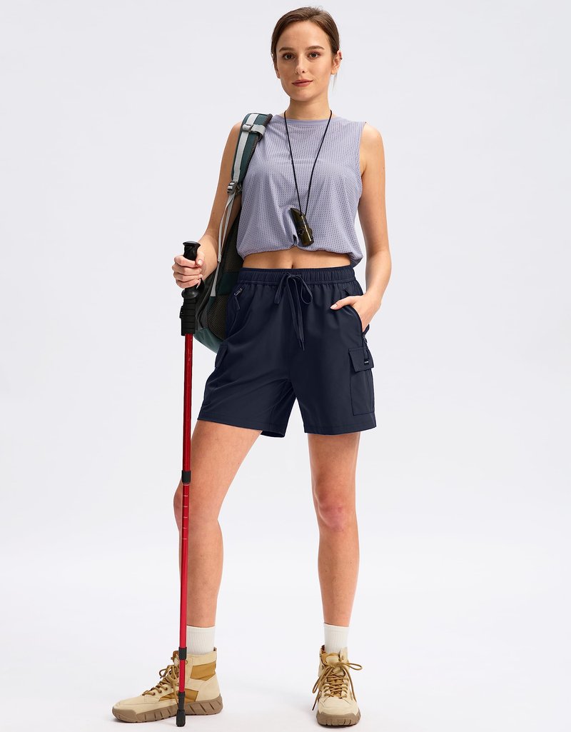 SANTINY Women's 5''/ 7''/9'' Hiking Cargo Shorts Quick Dry Lightweight Summer Shorts for Women Athletic Golf Zipper Pockets(Navy_L)
