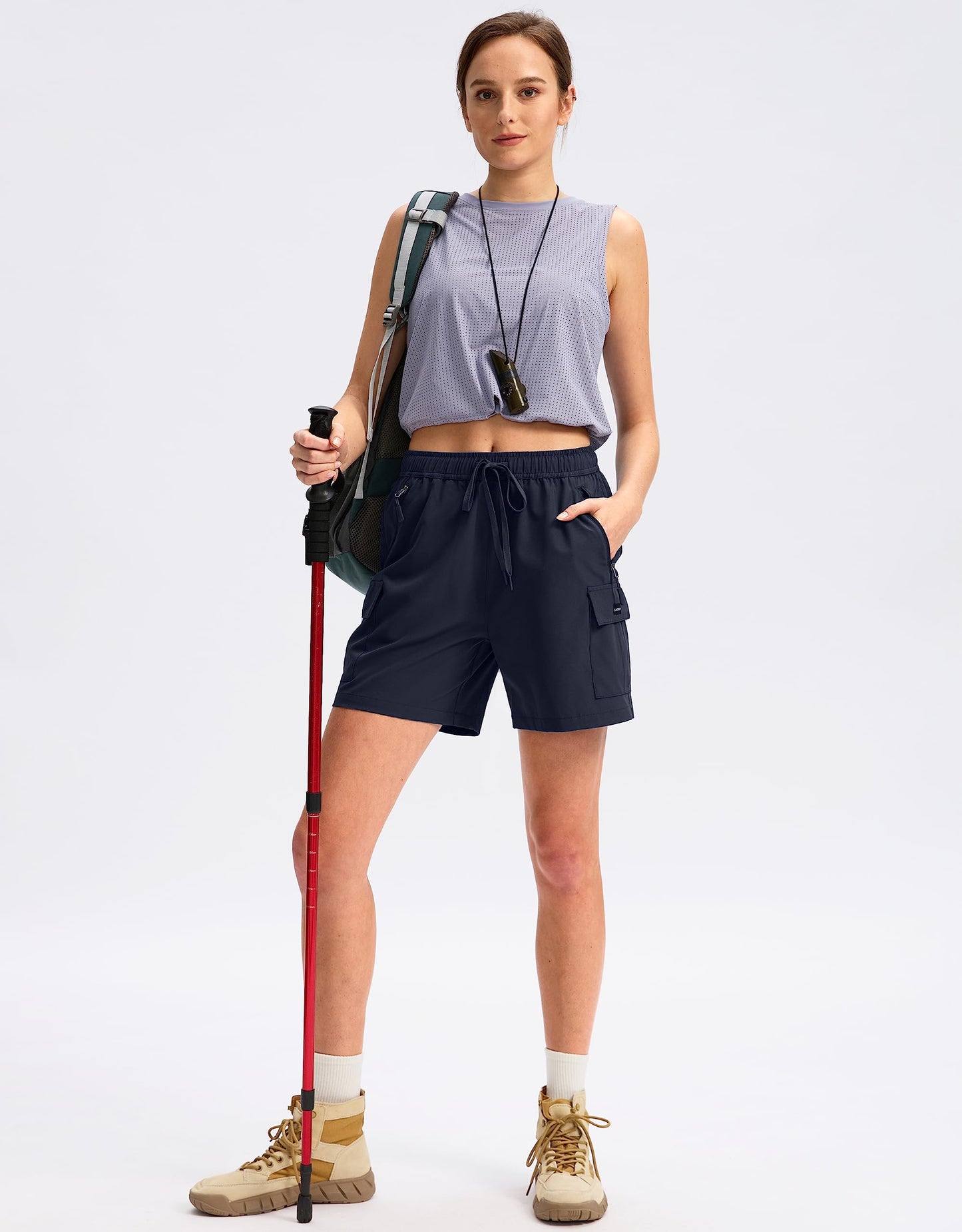 SANTINY Women's 5''/ 7''/9'' Hiking Cargo Shorts Quick Dry Lightweight Summer Shorts for Women Athletic Golf Zipper Pockets(Navy_L)