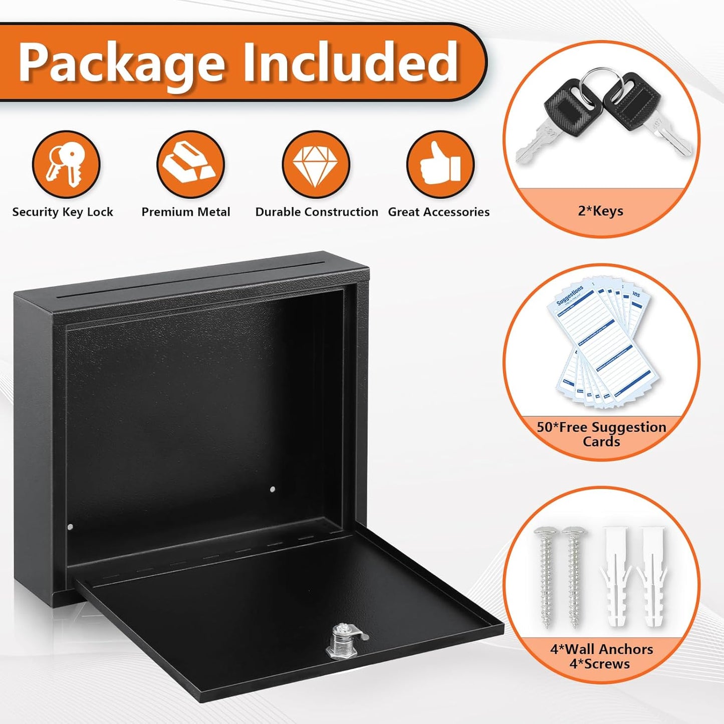 KYODOLED Suggestion Box with Lock and Slot, Small Locking Mailbox for Office, Wall Mount Safe Money/Key Drop Box with 50 Free Suggestion Cards, 9.8" W x 3" D x 7" H, Black