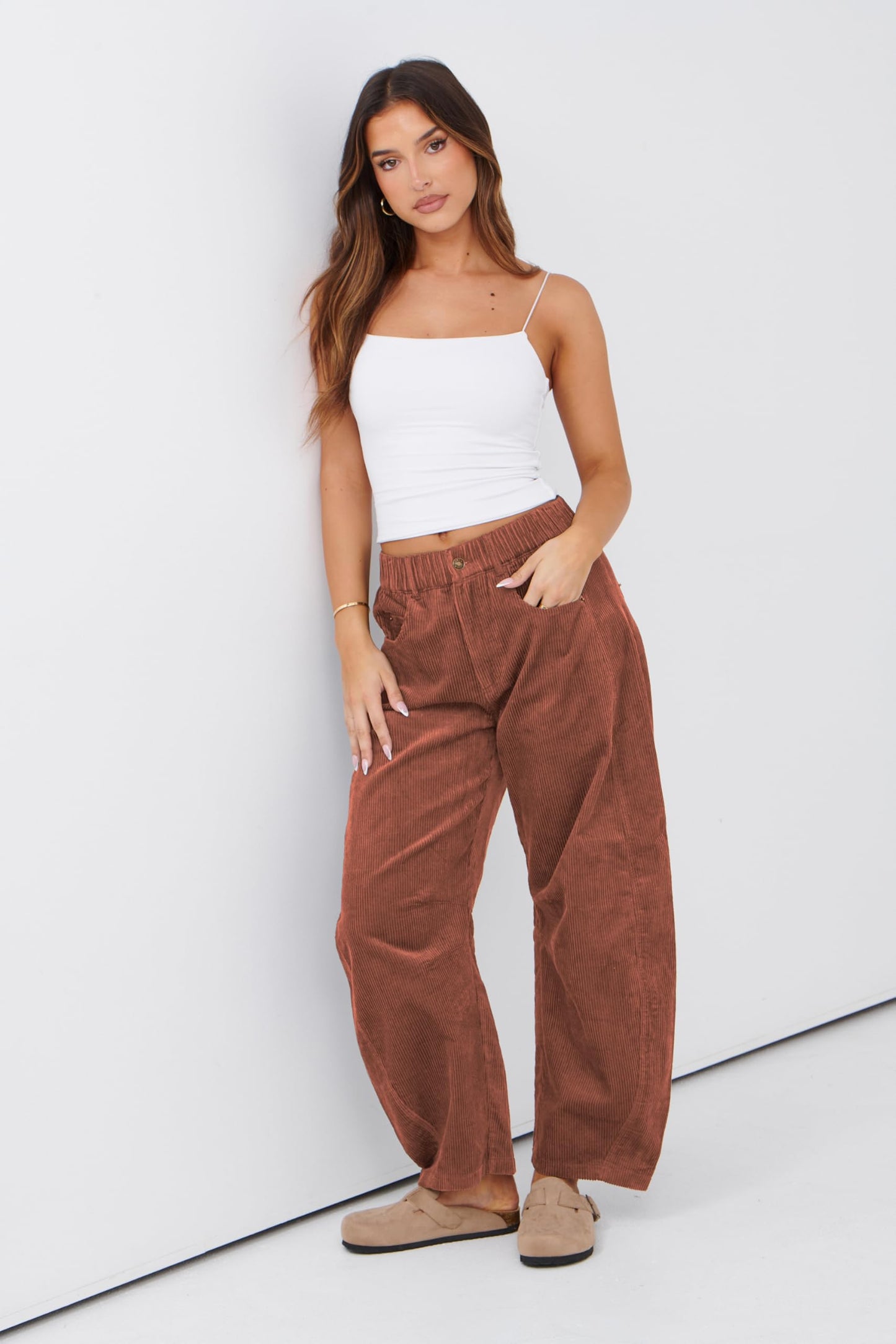 Lviefent Womens Mid Rise Cord Barrel Jeans Casual Baggy Wide Leg Corduroy Cropped Ankle Pants with Pockets (Burgundy-S)