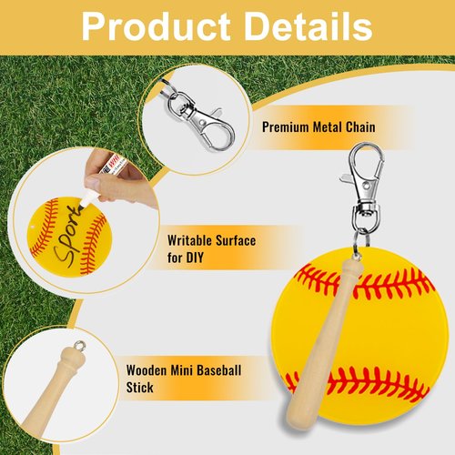 18 Sets Baseball Softball Acrylic Keychain Blanks Kit, AUHOKY 18Pcs Acrylic Baseball Blanks with 18 Miniature Softball Wood Bat, 18 Swivel Snap Keychain Hooks, 2 Pen for DIY Sports Party Favor(Yellow)