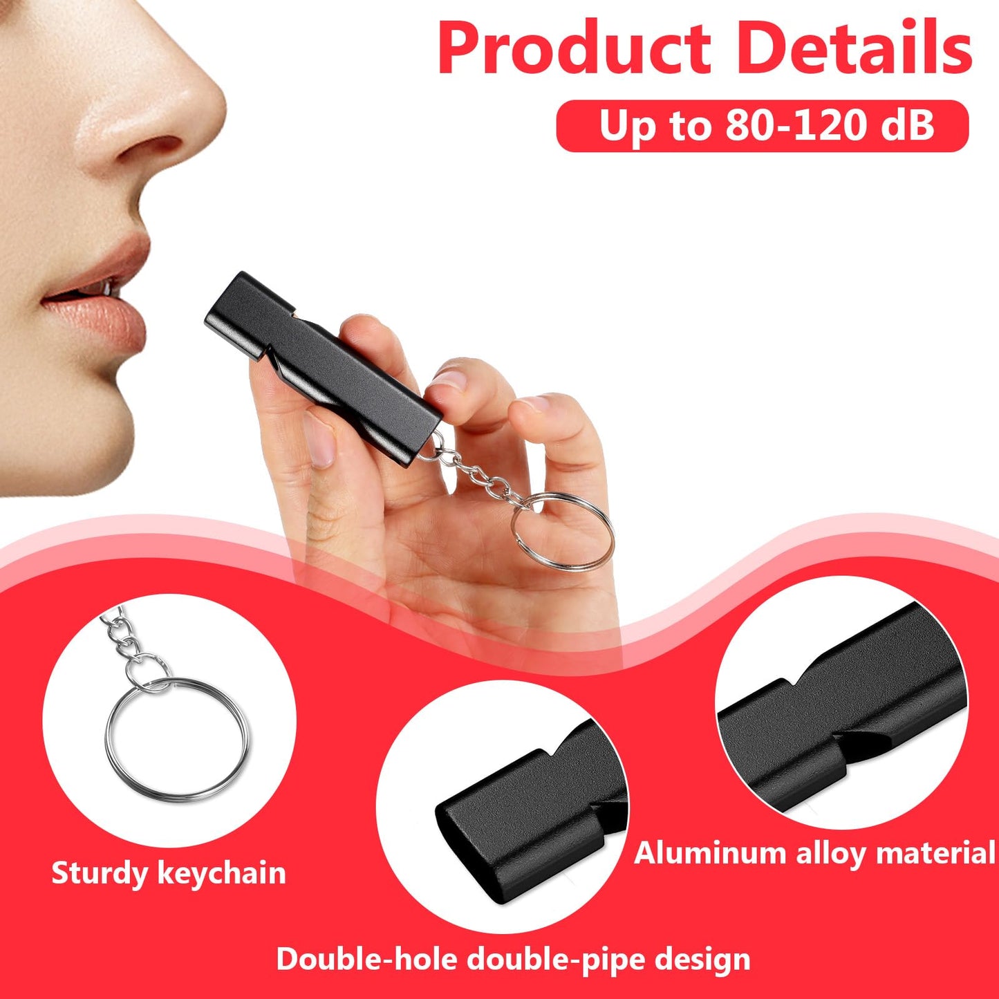 AOZUO 6PCS Emergency Whistles, Loud 120dB Double Tube Whistle Aluminum Alloy Safety Whistle Survival Whistles with Keychain for Outdoor Camping Hiking Hunting Boating Backpacking(Black)