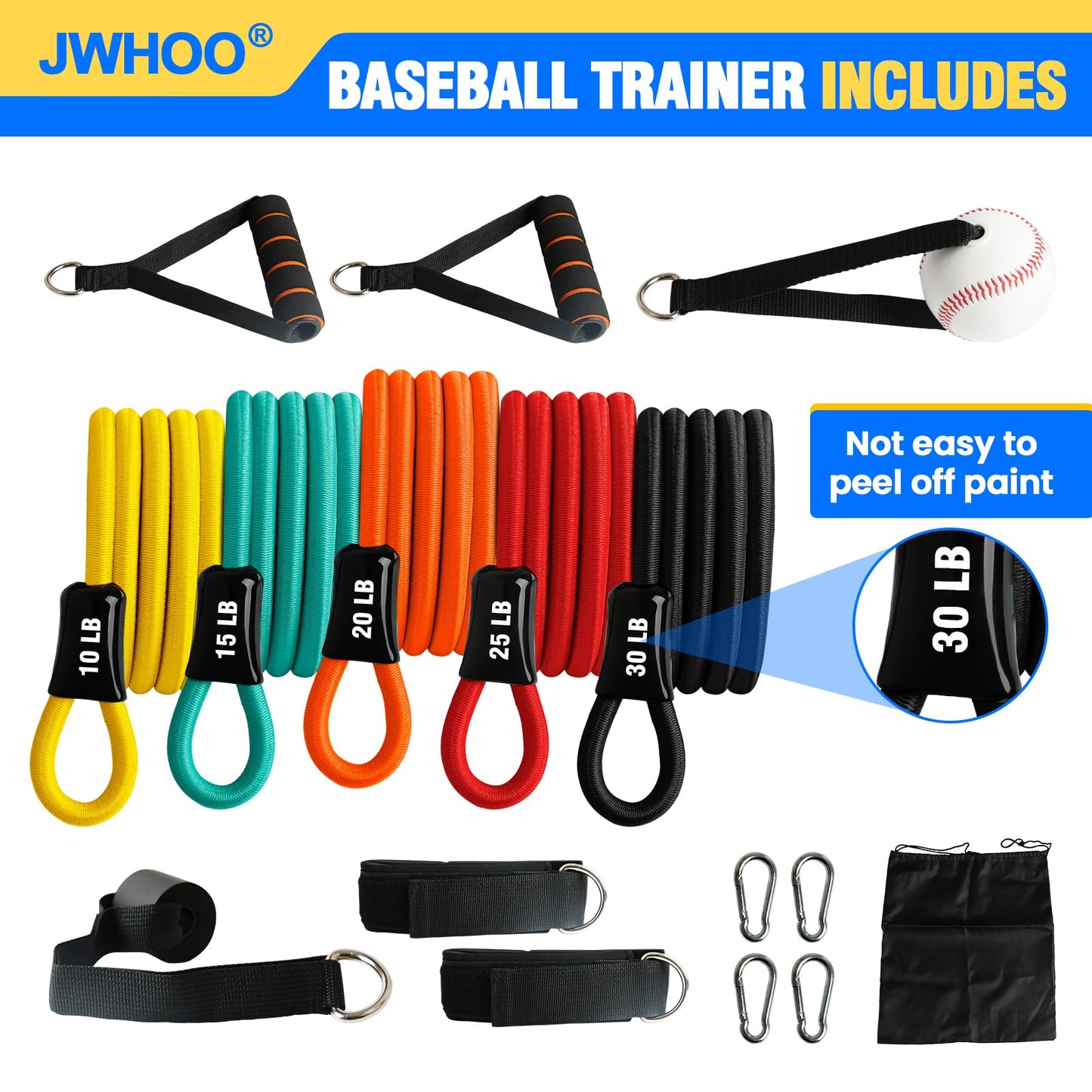 JWHOO Baseball Bands, 16 Pcs, Highly Elastic & Durable Arm Bands, Resistance Trainer with Interchangeable Grips, Ideal for Training, Warm-Ups & Learning