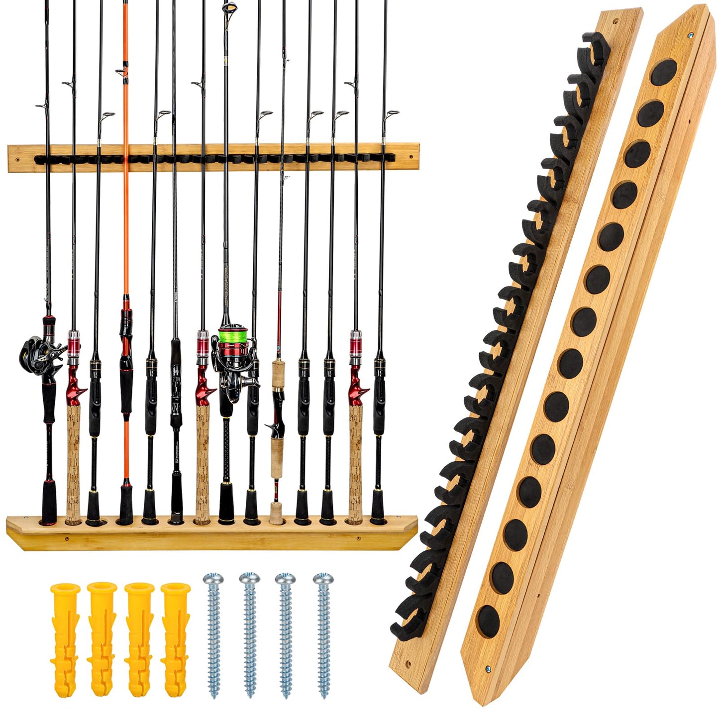 THKFISH Fishing Rod Racks Fishing Rod Holders for Garage Wood Fishing Pole Wall Rack Store 14 Fishing Rod Combos,1 Pair