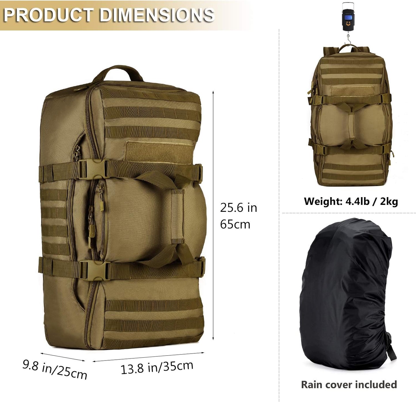 ArcEnCiel60L Outdoor Tactical Duffel Backpack Military Waterproof Suitcase Sport Luggage Hiking Camping Bag(Rain Cover+Patch)