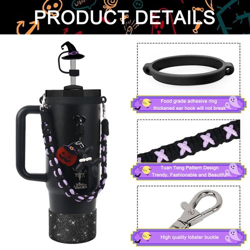 BELSITA Halloween Stanley Cup Accessories Set, Black Pearls Dog Witch Hat Straw Cap Water Bottle Handle Strap, Silicone Stanley Cup Boot, Stanley Charms for Stanley Cup 30/40oz Tumble (7Pcs Dog)