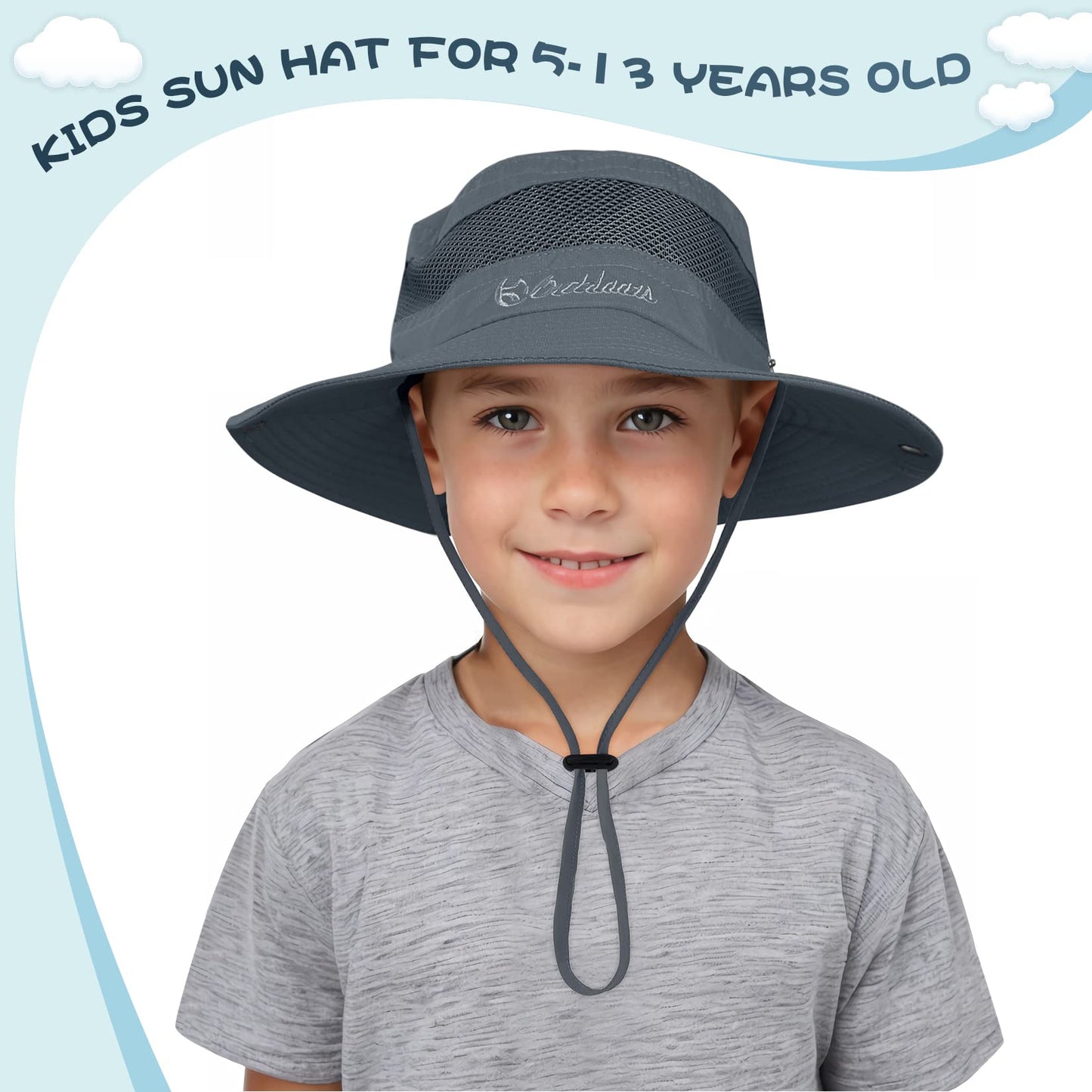 Kids Sun Hat UPF 50+ Sun Protective Bucket Hat for Kids Boys Girls Wide Brim Summer Beach Fishing Safari Adjustable Hat Khaki & Deep Grey 5-13 Years
