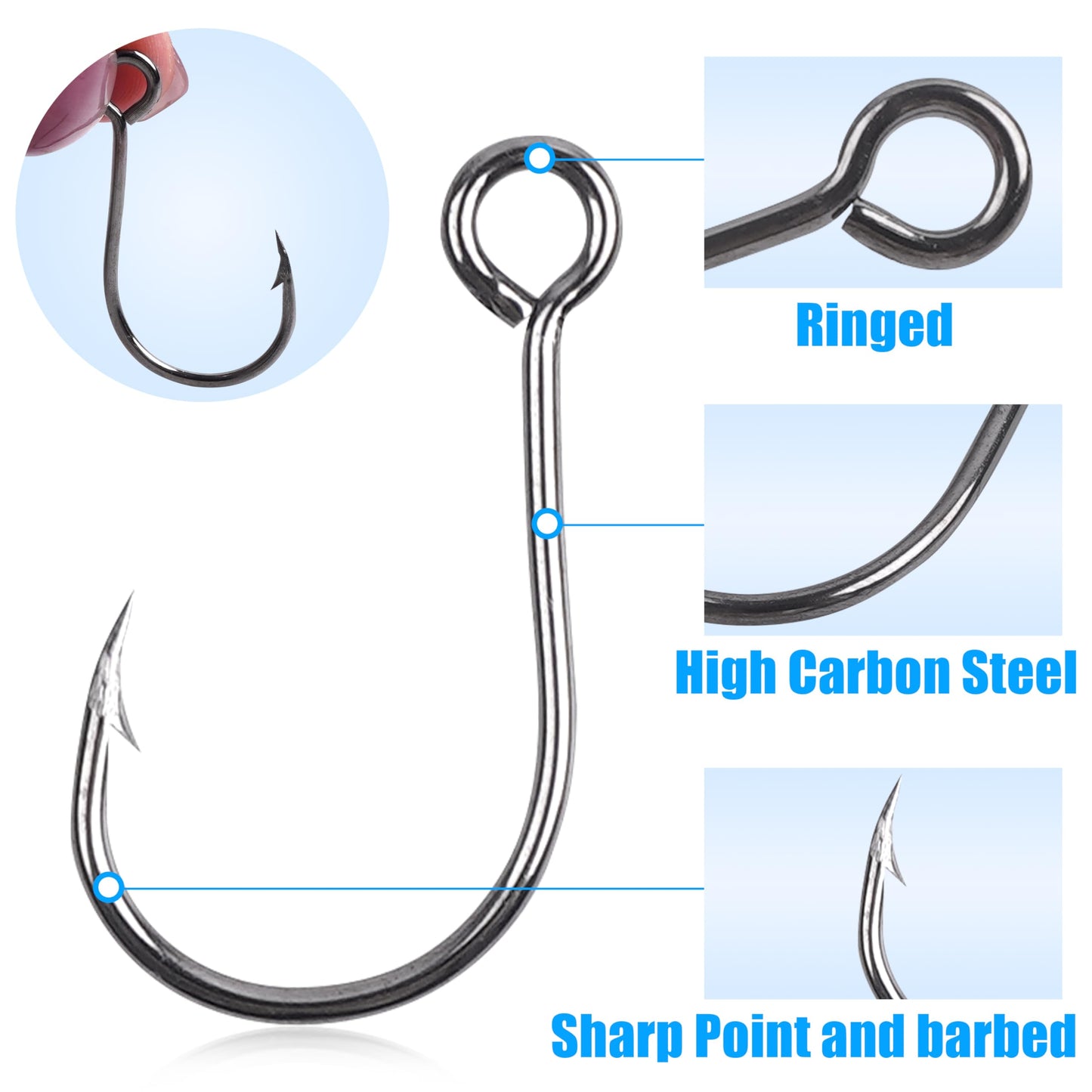 150pcs Inline Single Hooks Kit Fishing Replacement Hooks for Lure Plugs Baits Large Eye Inline Circle Hook with Split Rings Freshwater Saltwater Fishing Tackle