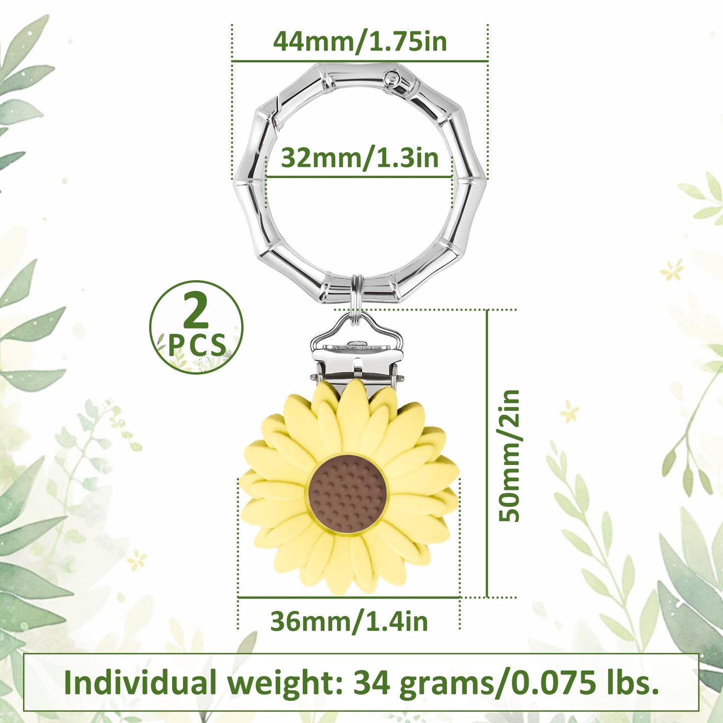 2 Pcs Hat Clip for Travel on Bag- Securely Attach Hats to Bags, Totes, Luggage - Hands-Free, Prevents Loss at Beach/Outings (US, Alpha, One Size, Bamboo Ring, Yellow & White Flowers)