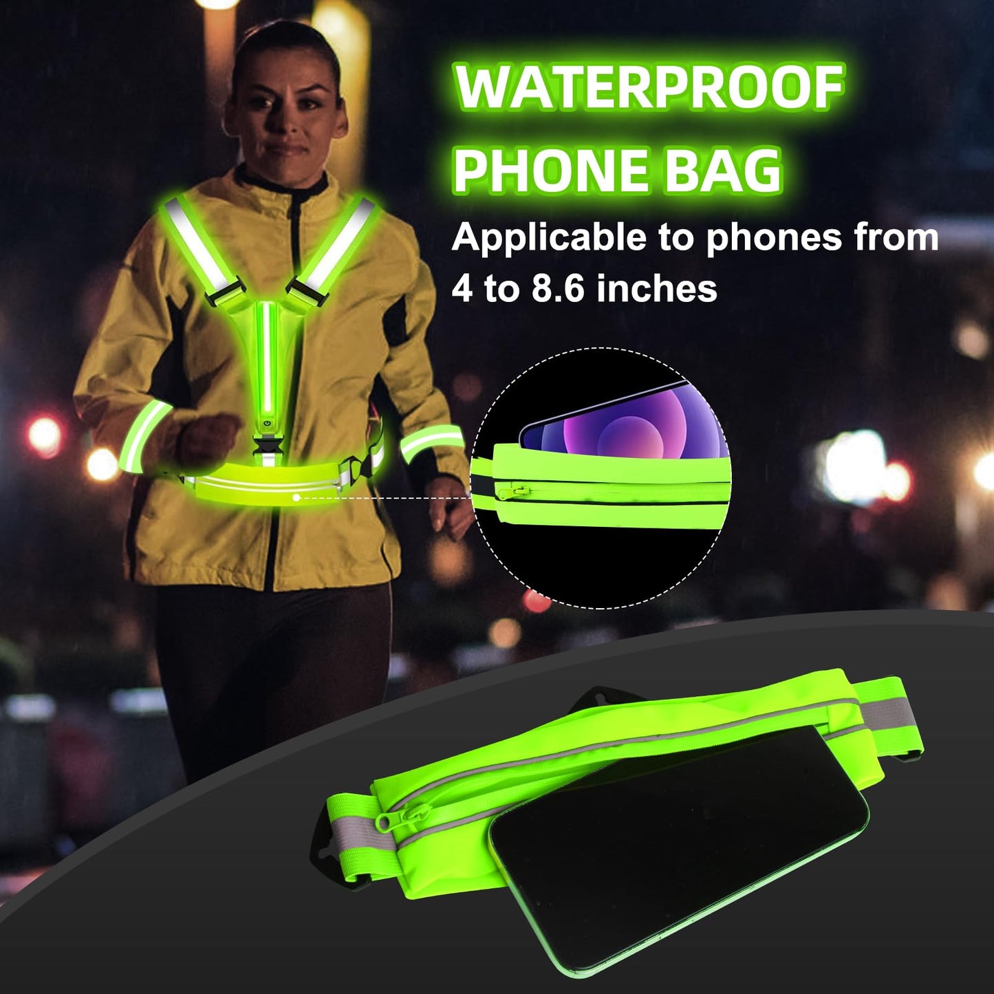 JZ LED Reflective Vest Running Gear-Reflective Vest for Walking at Night, High Visibility Night Running-Rechargeable Adjustable Led Light Up Running Vest with Armband for Runners Walkers Men (Green)