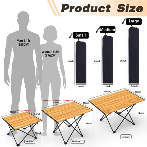 Biqissi Portable Camping Table, Compact Camping Side Table with Carrying Bag, Ultralight Aluminum Beach Table Folding for Hiking, Camping, Picnicking, BBQ, Outdoor Cooking (Wood Medium 22")