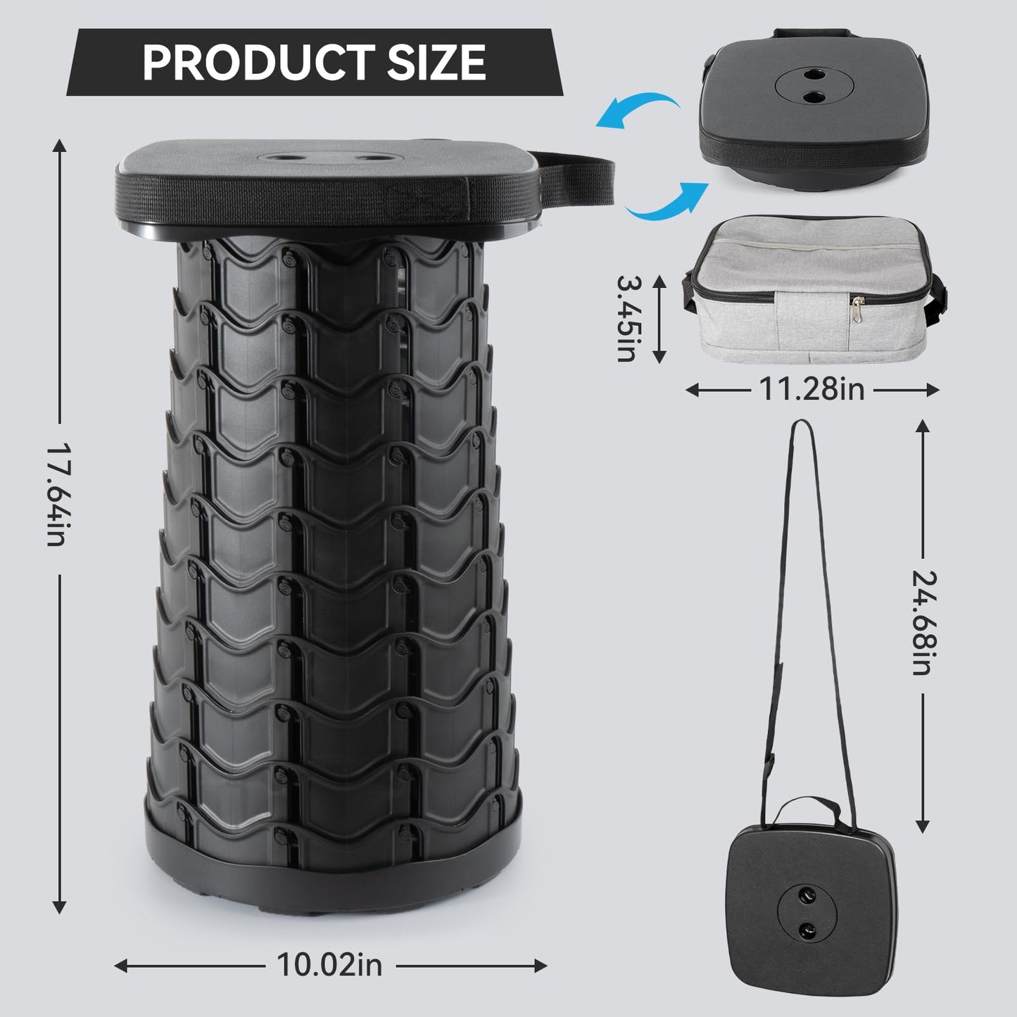 Geavo Square Collapsible Stool with 3-in-1 Carry Bag, Adjustable Retractable Portable Stool Max Load 360lbs, Foldable Stool with Cushion & Beverage Holder, Camping Stool for Fishing Hiking (Black)