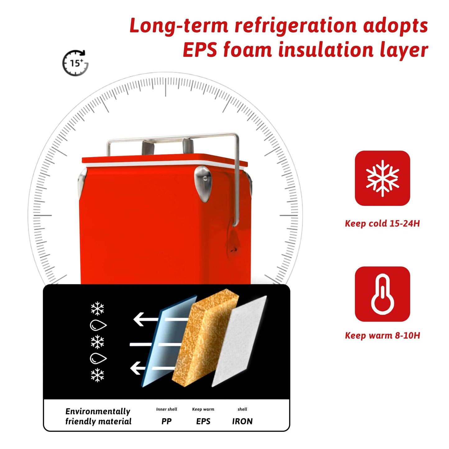 Kickleen Retro Ice Chest Cooler with Bottle Opener 13L (14Qt), Stainless Steel Vintage Style Ice Bucket for Camping, Party, Beach, Picnic, RV, BBQ, Tailgating, Fishing (Red)