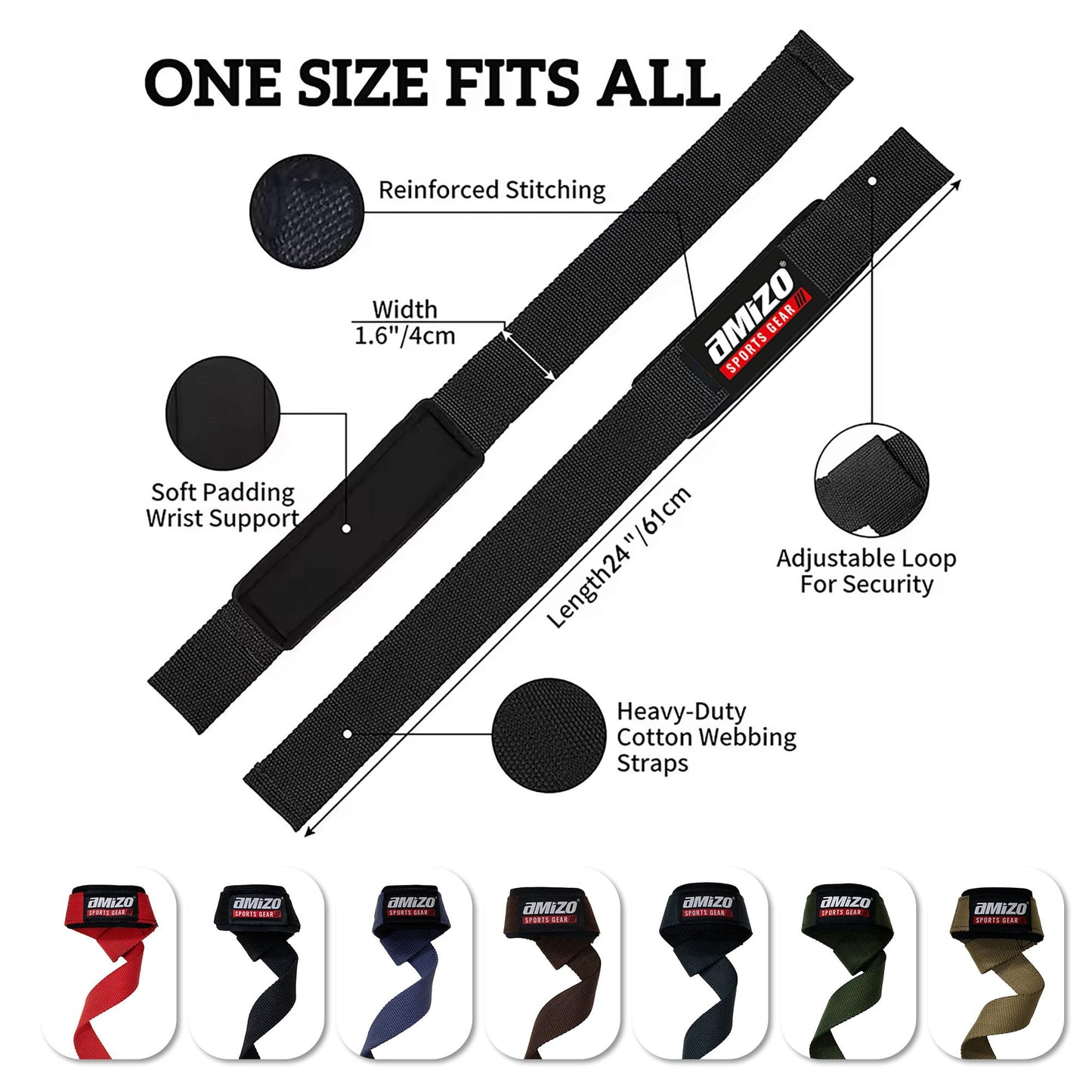 Amizo Lifting Wrist Straps for Weightlifting (1 Pair) 18 Inches Neoprene Cushioned Wrist Padded for Bodybuilding, Powerlifting, Strength Training, & Deadlifts