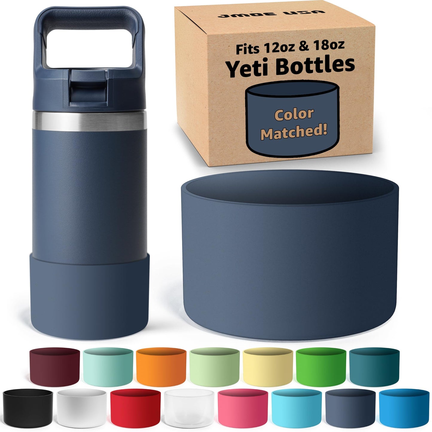 Jmoe USA Silicone Boot for Yeti Rambler Jr 12oz and 18oz Bottle | 2mm Sleeve | Anti-Slip Boot | Protector for the Bottom of your Bottle | Protects Against Damage | BPA Free Silicone (Navy)