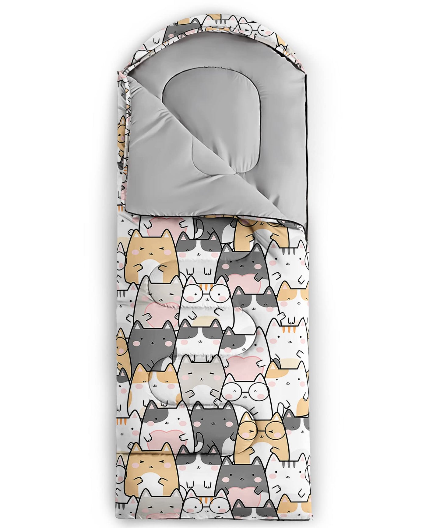 QOOMO Kawaii Cat Printed Camping Sleeping Bags,3 Season Warm & Cool Weather,Lightweight,Waterproof Sleeping Bags for Adults Kids Girls,Traveling,and Outdoors,Camping Gear Equipment,31x90inch