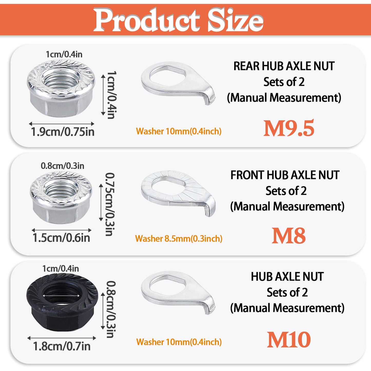 12Pcs Bike Axle Nut and Safety Washer Kit, Bike Nuts for Wheels, Mountain Bike Accessories, 3 Size M8/M9.5/M10 Bike Wheel Nut for Most Mountain Bike Front and Rear Wheel Axle