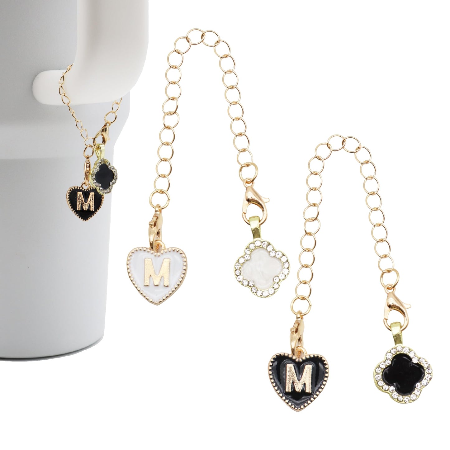 2Pcs Letter Charm Accessories for Stanley Cup,Name ID Initial Letter for Stanley Tumbler Water Cup,Heart Shape & Four Leaf Clover Initial Personalized Handle Charm for Stanley Cup Accessories Chain(M)